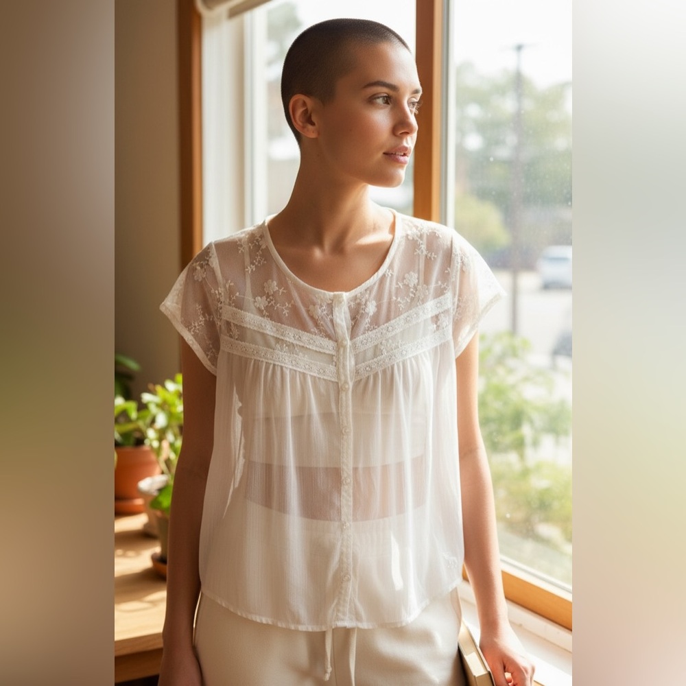 Abercrombie & Fitch Vintage Rare Sheer Lace Short Sleeve Shirt Top w/ Buttons